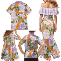 Aloha Festive Hawaii Family Matching Mermaid Dress and Hawaiian Shirt Mokihana - Maile and Ilima on Lilac - Polynesian Pride