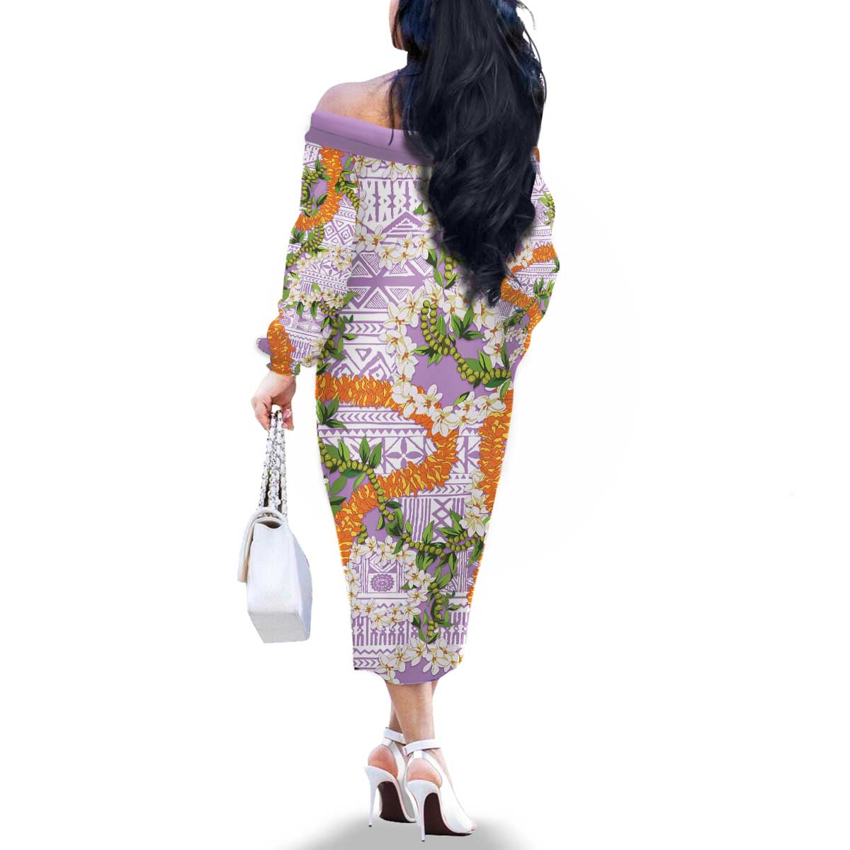 Aloha Festive Hawaii Family Matching Off The Shoulder Long Sleeve Dress and Hawaiian Shirt Mokihana - Maile and Ilima on Lilac - Polynesian Pride