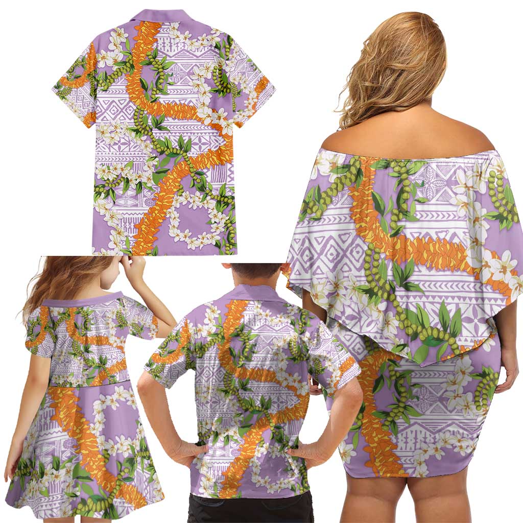 Aloha Festive Hawaii Family Matching Off Shoulder Short Dress and Hawaiian Shirt Mokihana - Maile and Ilima on Lilac - Polynesian Pride