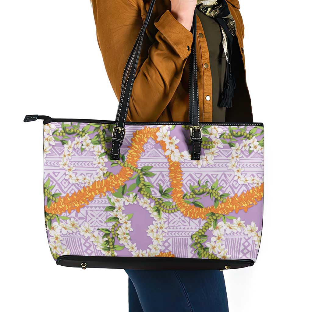 Aloha Festive Hawaii Leather Tote Bag Mokihana - Maile and Ilima on Lilac - Polynesian Pride