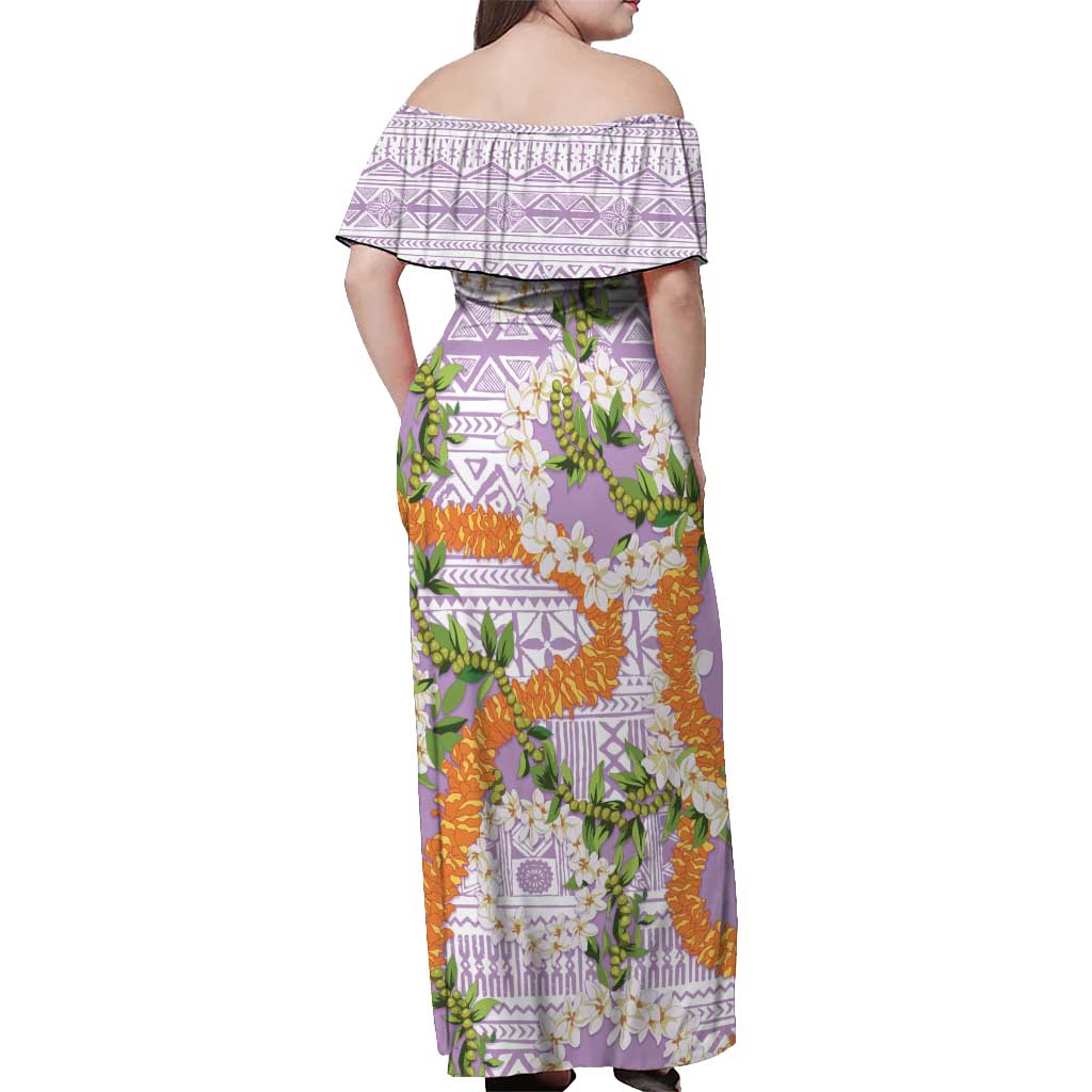 Aloha Festive Hawaii Off Shoulder Maxi Dress Mokihana - Maile and Ilima on Lilac - Polynesian Pride