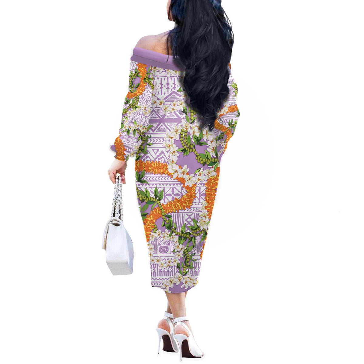 Aloha Festive Hawaii Off The Shoulder Long Sleeve Dress Mokihana - Maile and Ilima on Lilac - Polynesian Pride