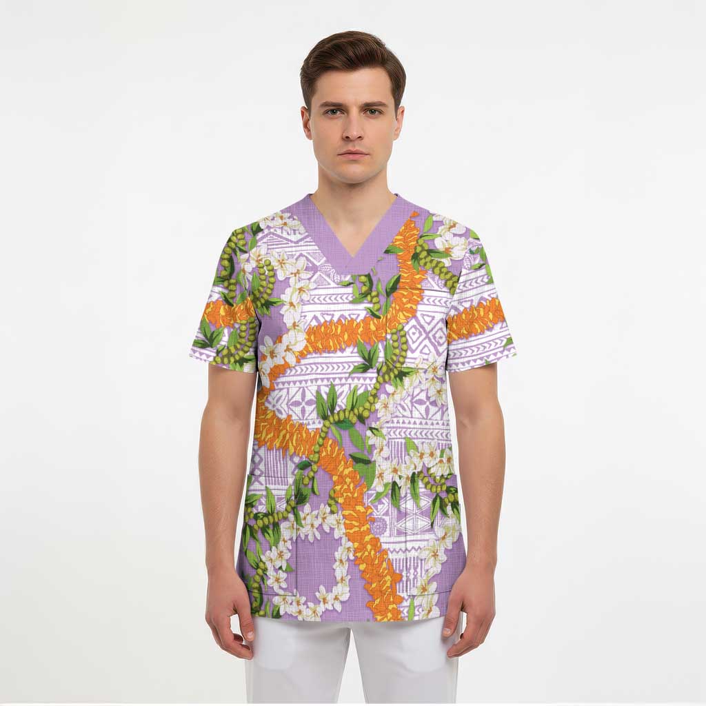 Aloha Festive Hawaii Scrub Top Mokihana - Maile and Ilima on Lilac - Polynesian Pride