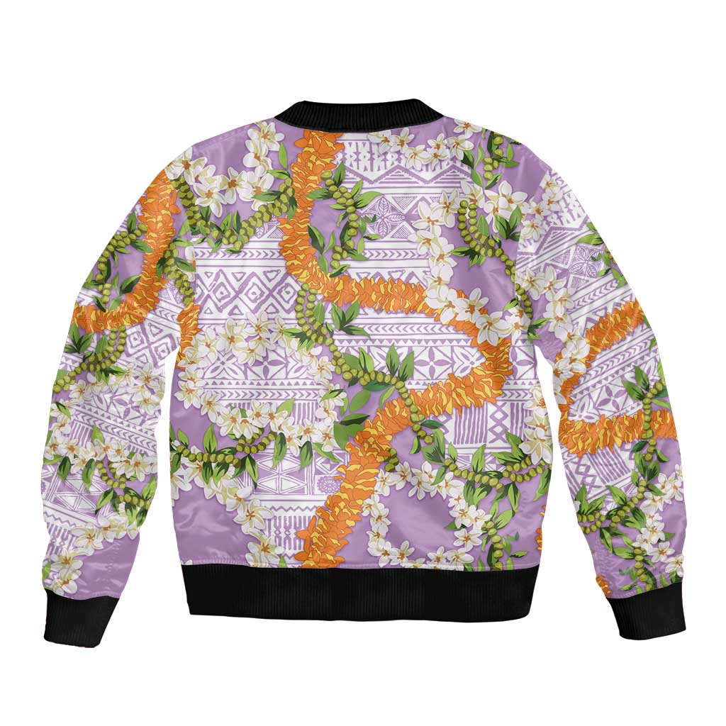 Aloha Festive Hawaii Sleeve Zip Bomber Jacket Mokihana - Maile and Ilima on Lilac - Polynesian Pride