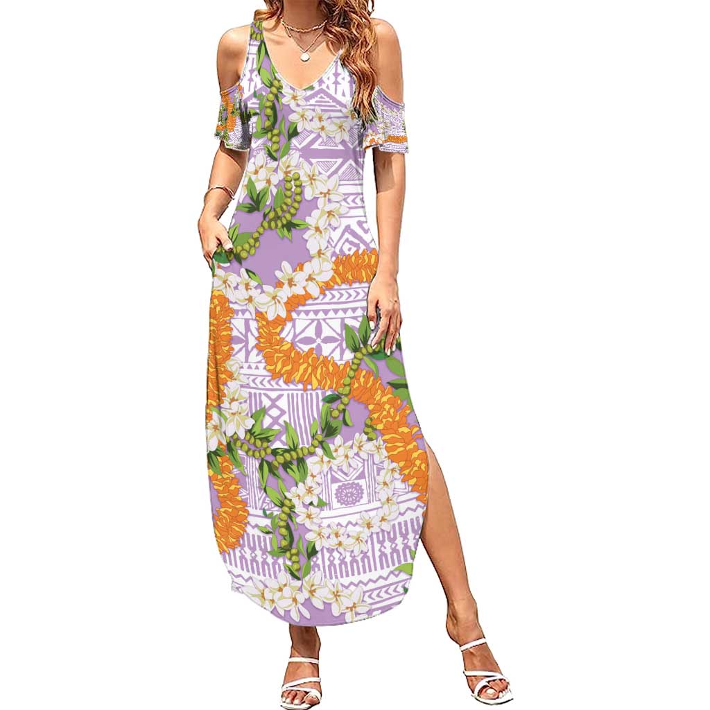 Aloha Festive Hawaii Summer Maxi Dress Mokihana - Maile and Ilima on Lilac - Polynesian Pride