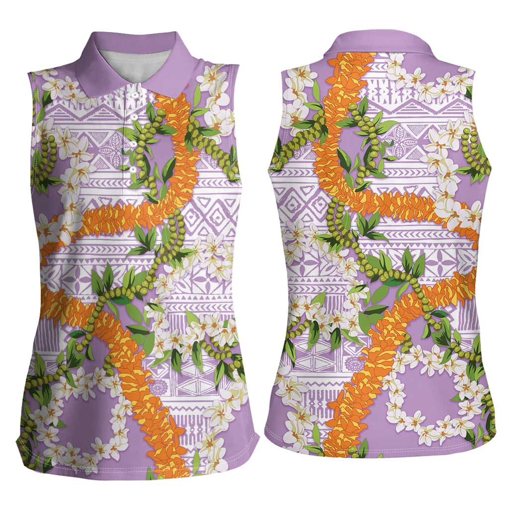 Aloha Festive Hawaii Women Sleeveless Polo Shirt Mokihana - Maile and Ilima on Lilac - Polynesian Pride