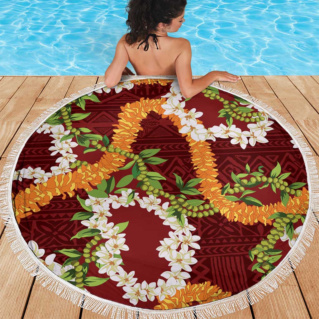 Aloha Festive Hawaii Beach Blanket Mokihana - Maile and Ilima on Crimson - Polynesian Pride