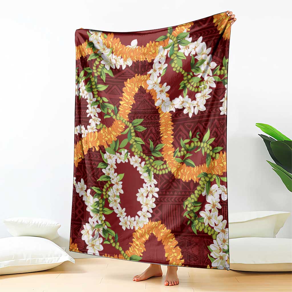 Aloha Festive Hawaii Blanket Mokihana - Maile and Ilima on Crimson - Polynesian Pride