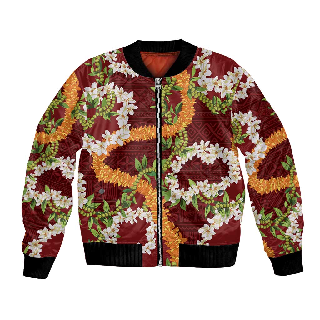 Aloha Festive Hawaii Bomber Jacket Mokihana - Maile and Ilima on Crimson - Polynesian Pride