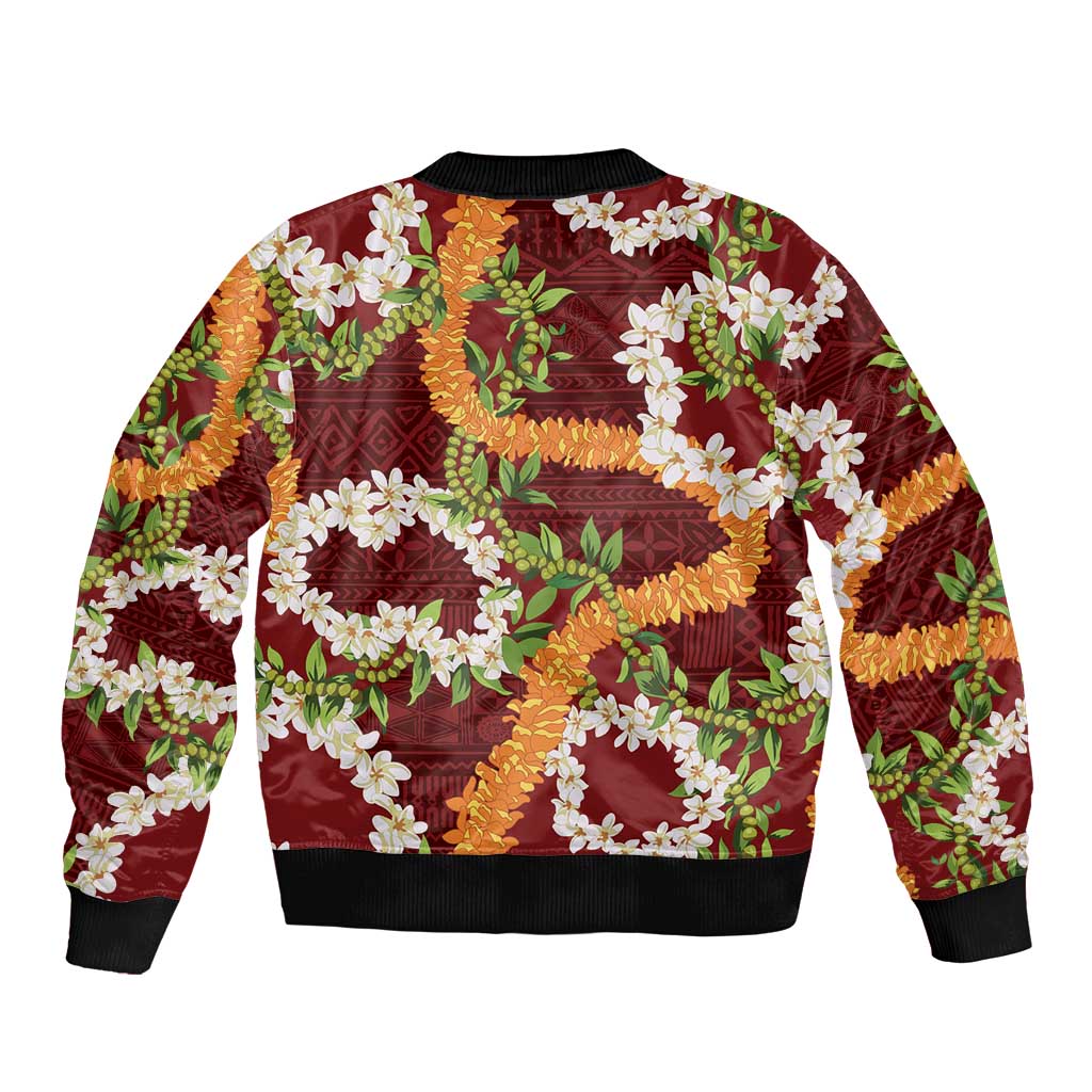 Aloha Festive Hawaii Bomber Jacket Mokihana - Maile and Ilima on Crimson - Polynesian Pride