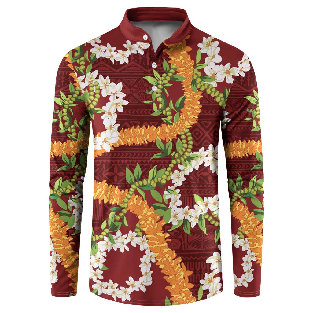Aloha Festive Hawaii Button Sweatshirt Mokihana - Maile and Ilima on Crimson - Polynesian Pride
