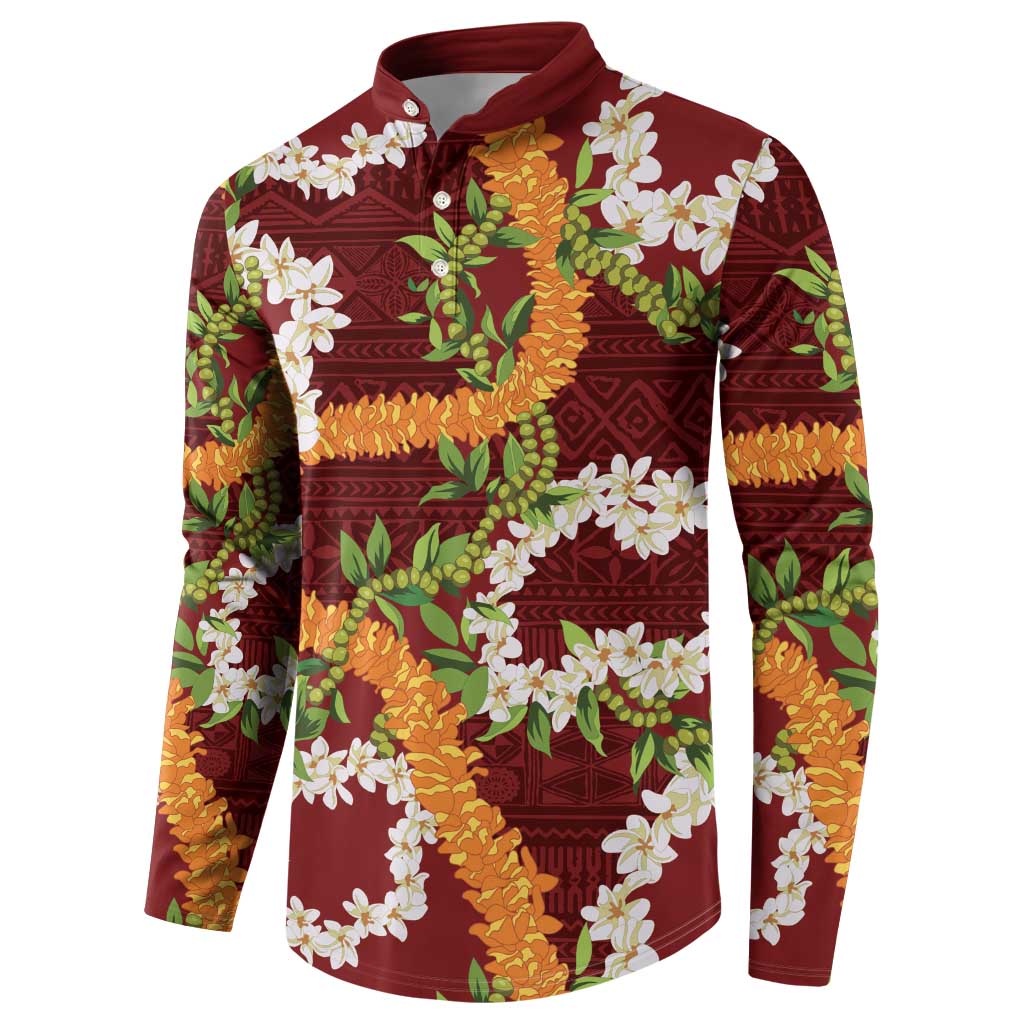 Aloha Festive Hawaii Button Sweatshirt Mokihana - Maile and Ilima on Crimson - Polynesian Pride