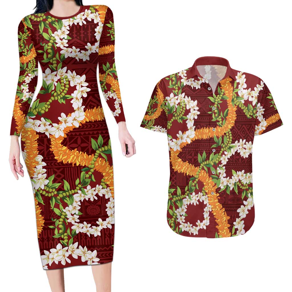 Aloha Festive Hawaii Couples Matching Long Sleeve Bodycon Dress and Hawaiian Shirt Mokihana - Maile and Ilima on Crimson - Polynesian Pride