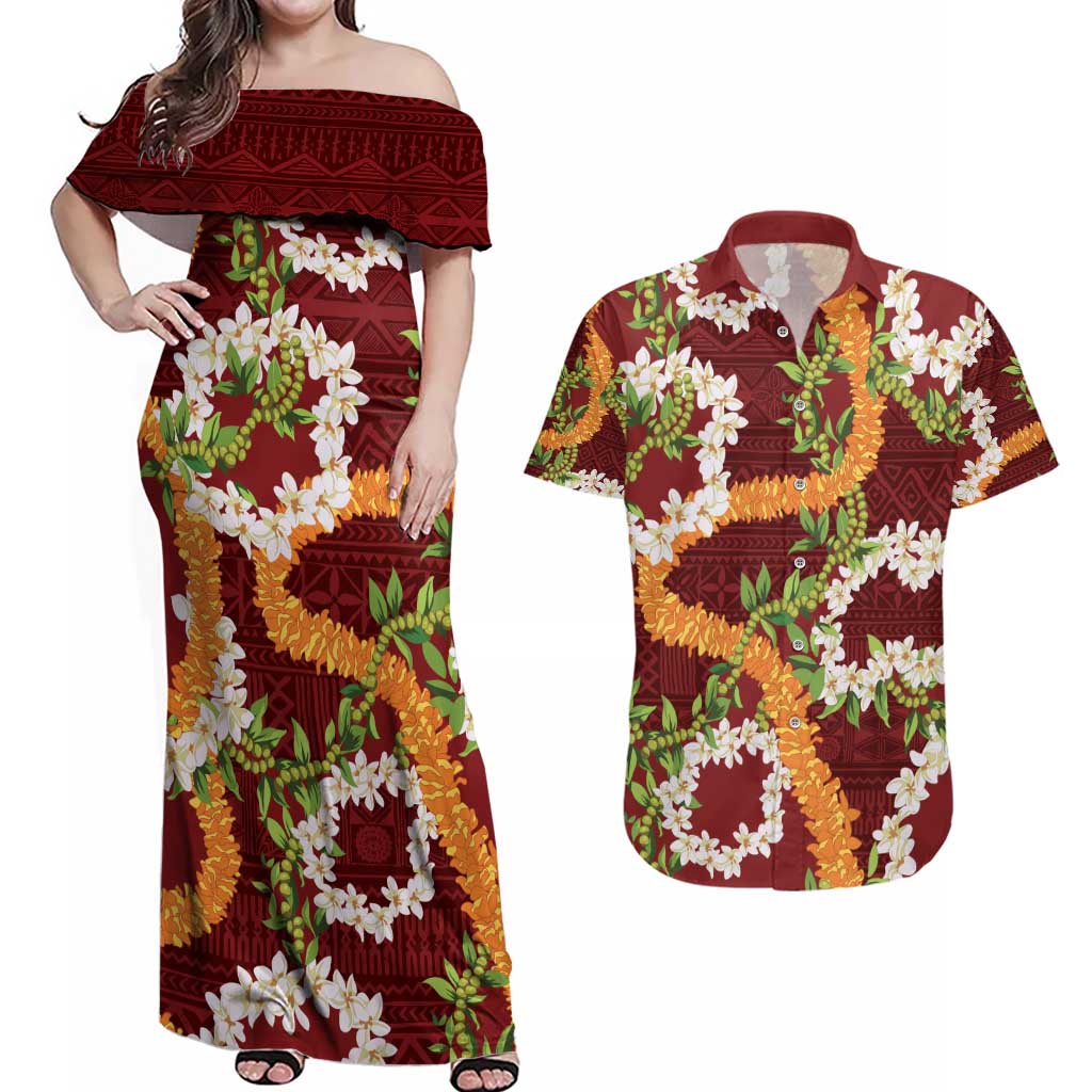 Aloha Festive Hawaii Couples Matching Off Shoulder Maxi Dress and Hawaiian Shirt Mokihana - Maile and Ilima on Crimson - Polynesian Pride