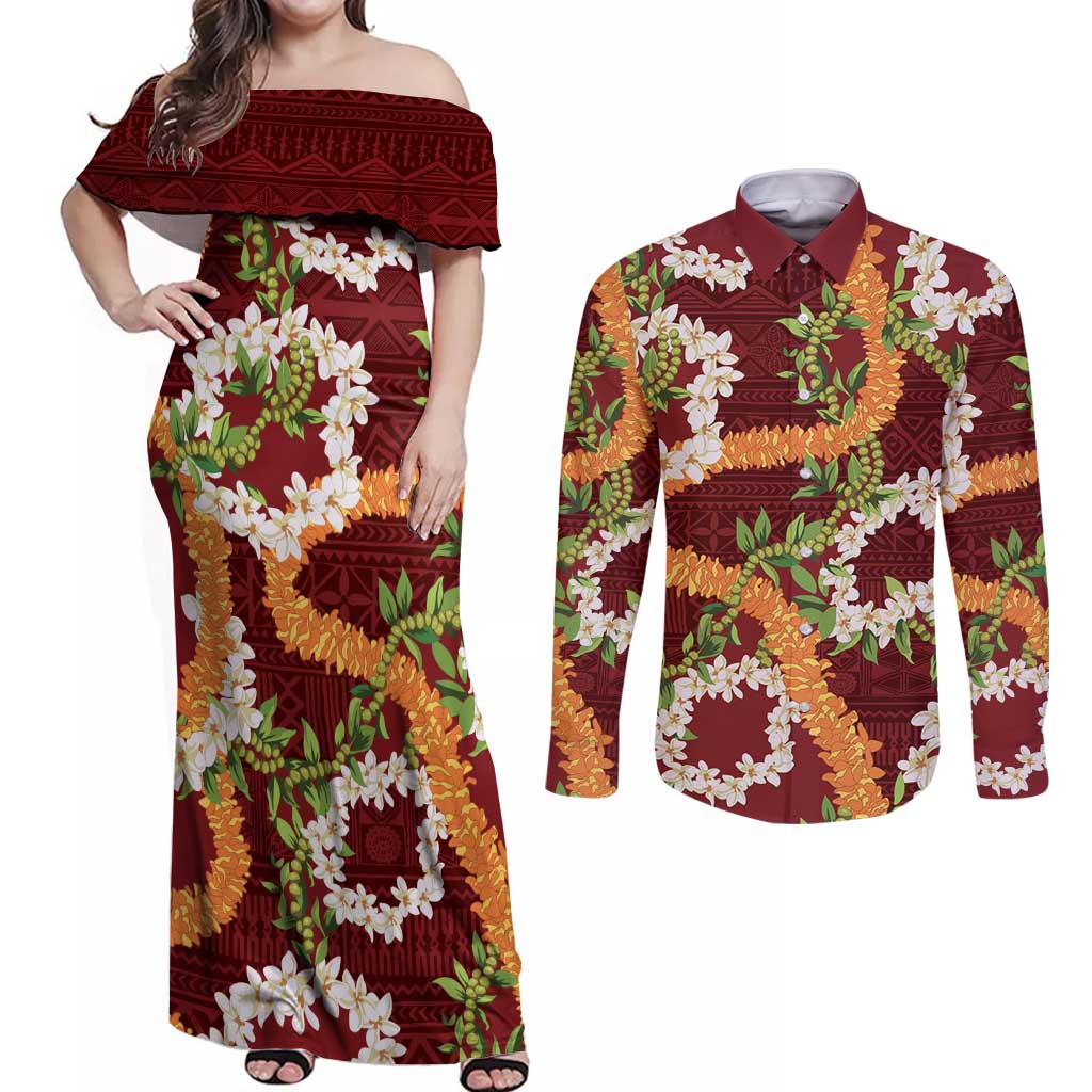 Aloha Festive Hawaii Couples Matching Off Shoulder Maxi Dress and Long Sleeve Button Shirt Mokihana - Maile and Ilima on Crimson - Polynesian Pride