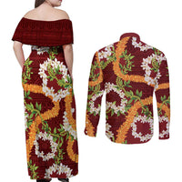 Aloha Festive Hawaii Couples Matching Off Shoulder Maxi Dress and Long Sleeve Button Shirt Mokihana - Maile and Ilima on Crimson - Polynesian Pride