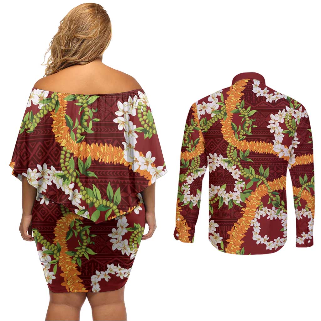 Aloha Festive Hawaii Couples Matching Off Shoulder Short Dress and Long Sleeve Button Shirt Mokihana - Maile and Ilima on Crimson - Polynesian Pride