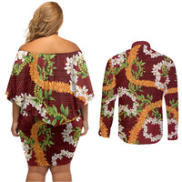Aloha Festive Hawaii Couples Matching Off Shoulder Short Dress and Long Sleeve Button Shirt Mokihana - Maile and Ilima on Crimson - Polynesian Pride