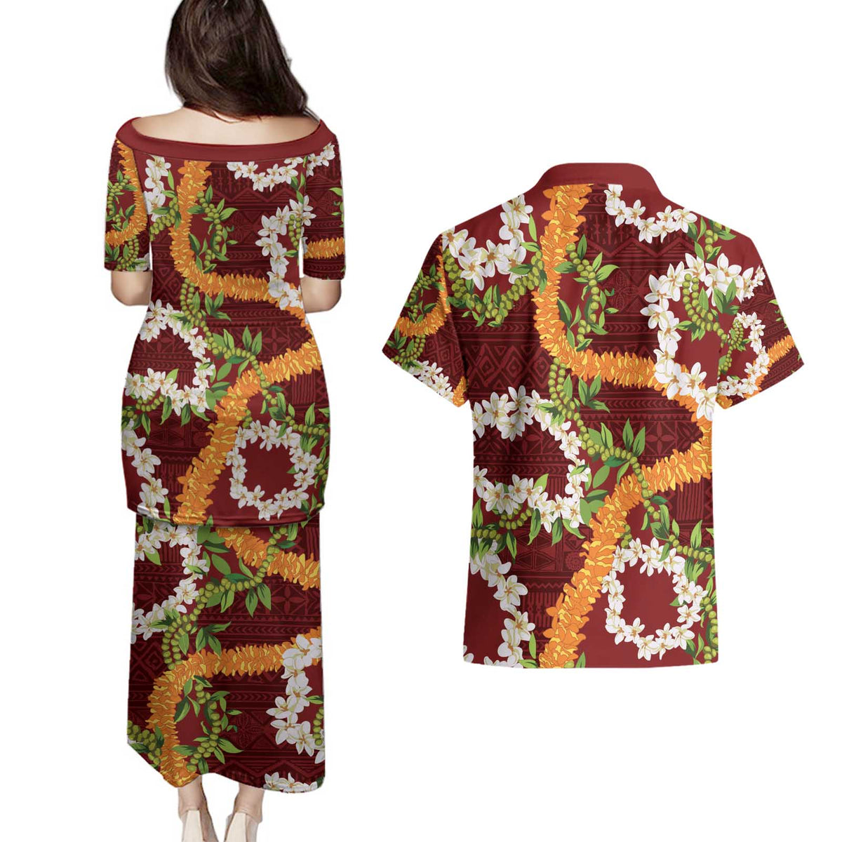 Aloha Festive Hawaii Couples Matching Puletasi and Hawaiian Shirt Mokihana - Maile and Ilima on Crimson - Polynesian Pride