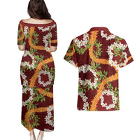 Aloha Festive Hawaii Couples Matching Puletasi and Hawaiian Shirt Mokihana - Maile and Ilima on Crimson - Polynesian Pride