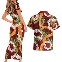 Aloha Festive Hawaii Couples Matching Short Sleeve Bodycon Dress and Hawaiian Shirt Mokihana - Maile and Ilima on Crimson - Polynesian Pride