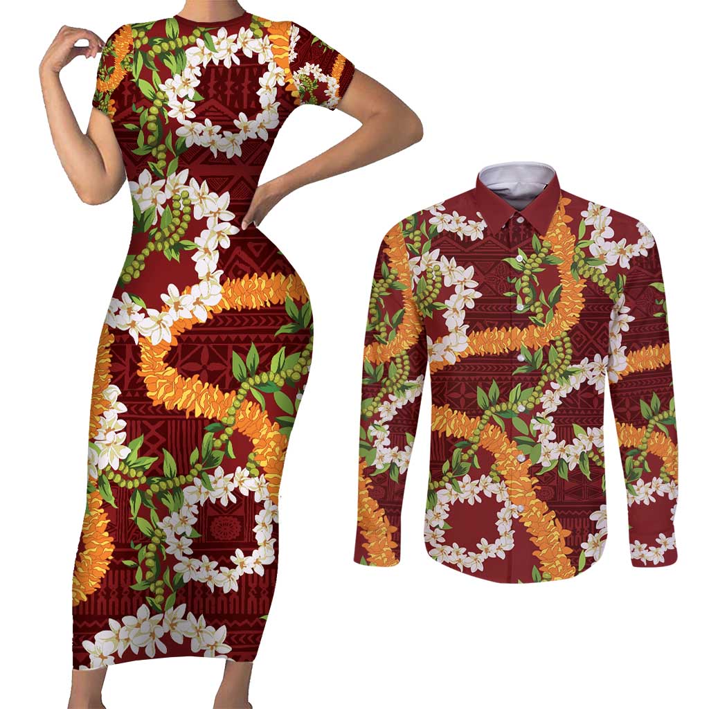 Aloha Festive Hawaii Couples Matching Short Sleeve Bodycon Dress and Long Sleeve Button Shirt Mokihana - Maile and Ilima on Crimson - Polynesian Pride