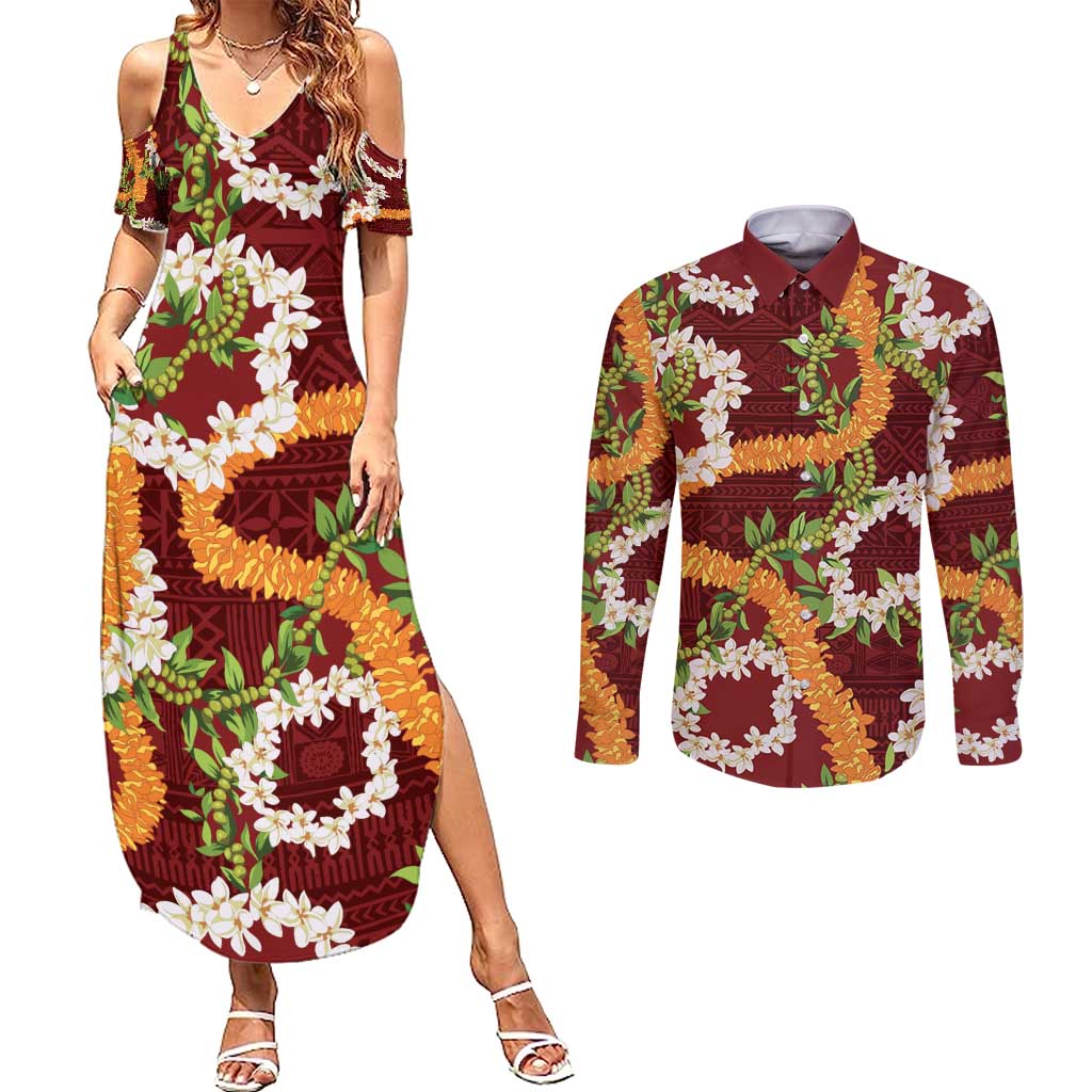 Aloha Festive Hawaii Couples Matching Summer Maxi Dress and Long Sleeve Button Shirt Mokihana - Maile and Ilima on Crimson LT7 Crimson - Polynesian Pride