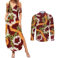 Aloha Festive Hawaii Couples Matching Summer Maxi Dress and Long Sleeve Button Shirt Mokihana - Maile and Ilima on Crimson LT7 Crimson - Polynesian Pride