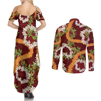 Aloha Festive Hawaii Couples Matching Summer Maxi Dress and Long Sleeve Button Shirt Mokihana - Maile and Ilima on Crimson LT7 - Polynesian Pride