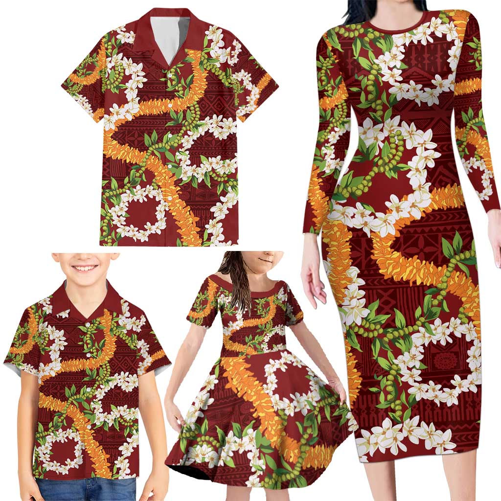 Aloha Festive Hawaii Family Matching Long Sleeve Bodycon Dress and Hawaiian Shirt Mokihana - Maile and Ilima on Crimson - Polynesian Pride