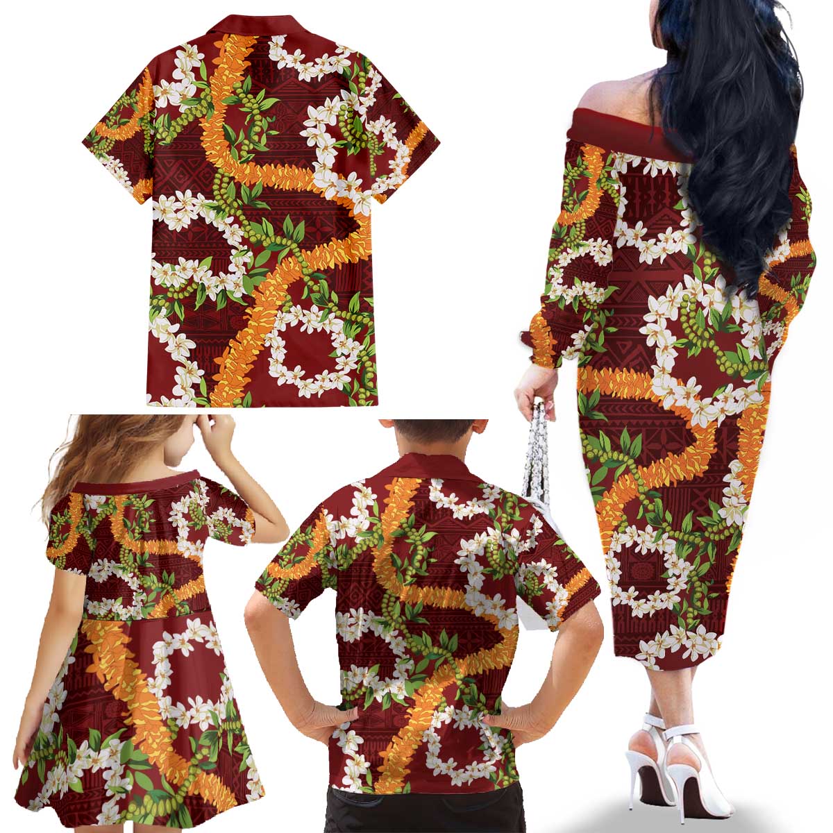 Aloha Festive Hawaii Family Matching Off The Shoulder Long Sleeve Dress and Hawaiian Shirt Mokihana - Maile and Ilima on Crimson - Polynesian Pride