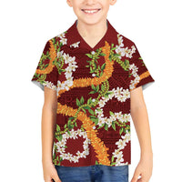 Aloha Festive Hawaii Family Matching Off Shoulder Maxi Dress and Hawaiian Shirt Mokihana - Maile and Ilima on Crimson - Polynesian Pride