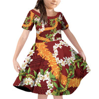 Aloha Festive Hawaii Family Matching Off Shoulder Short Dress and Hawaiian Shirt Mokihana - Maile and Ilima on Crimson - Polynesian Pride