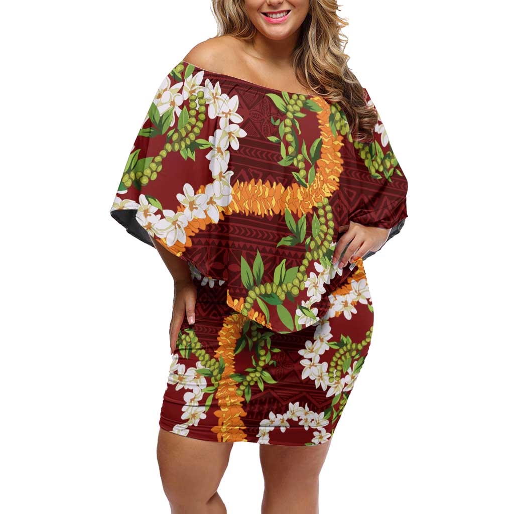 Aloha Festive Hawaii Family Matching Off Shoulder Short Dress and Hawaiian Shirt Mokihana - Maile and Ilima on Crimson - Polynesian Pride
