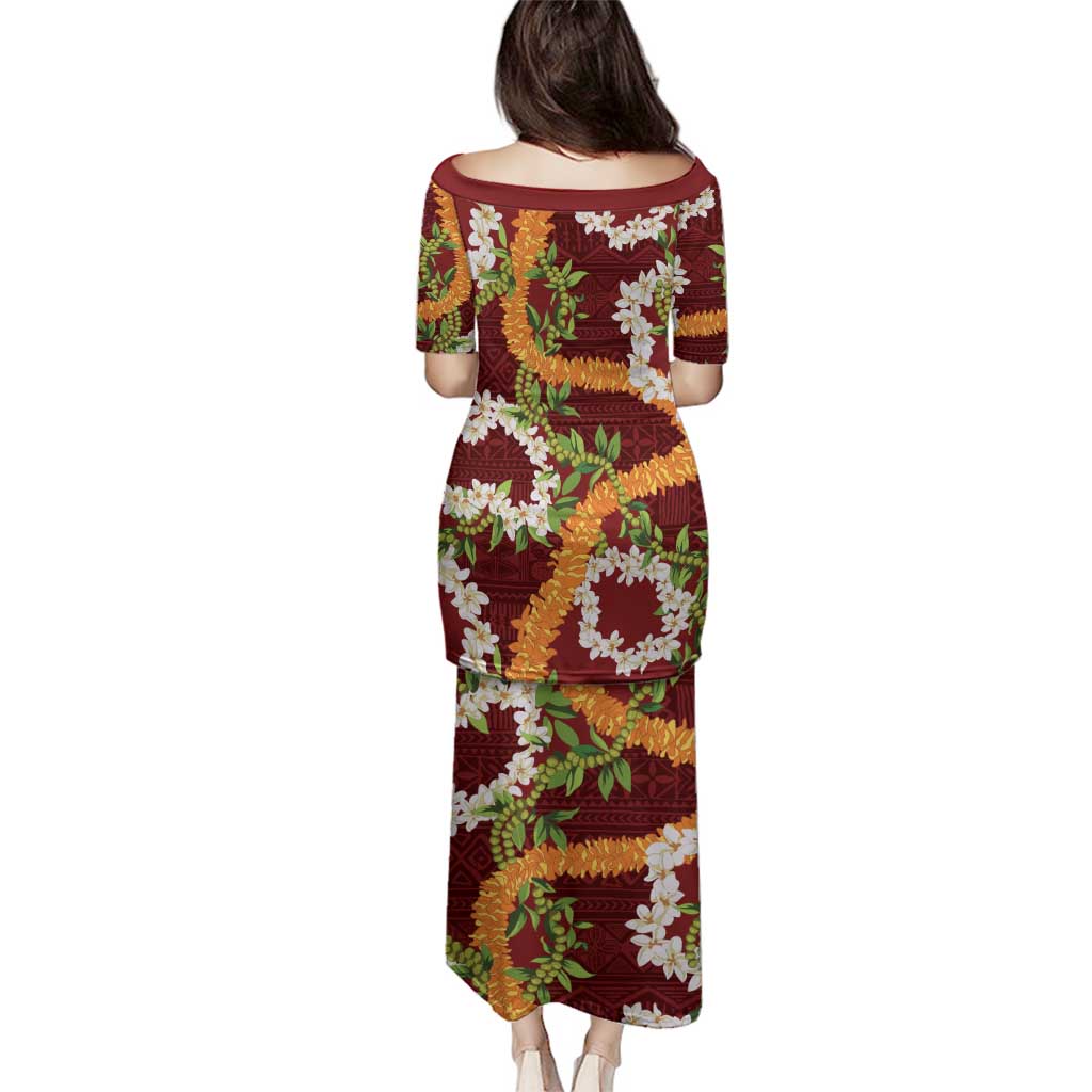 Aloha Festive Hawaii Family Matching Puletasi and Hawaiian Shirt Mokihana - Maile and Ilima on Crimson - Polynesian Pride