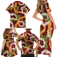 Aloha Festive Hawaii Family Matching Short Sleeve Bodycon Dress and Hawaiian Shirt Mokihana - Maile and Ilima on Crimson - Polynesian Pride