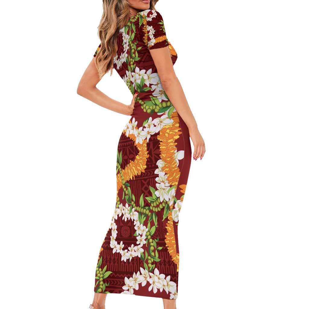 Aloha Festive Hawaii Family Matching Short Sleeve Bodycon Dress and Hawaiian Shirt Mokihana - Maile and Ilima on Crimson - Polynesian Pride