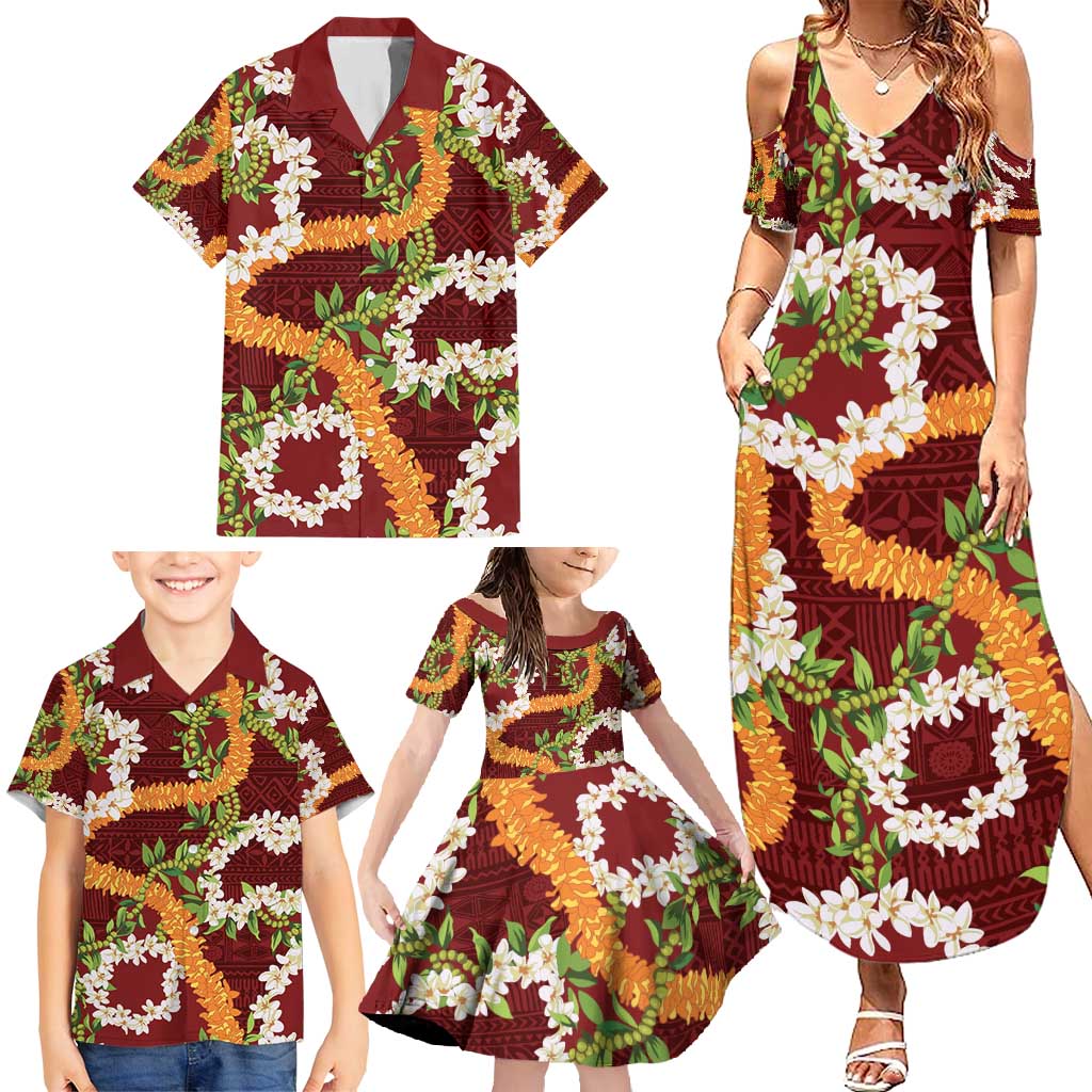 Aloha Festive Hawaii Family Matching Summer Maxi Dress and Hawaiian Shirt Mokihana - Maile and Ilima on Crimson - Polynesian Pride