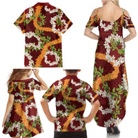 Aloha Festive Hawaii Family Matching Summer Maxi Dress and Hawaiian Shirt Mokihana - Maile and Ilima on Crimson - Polynesian Pride