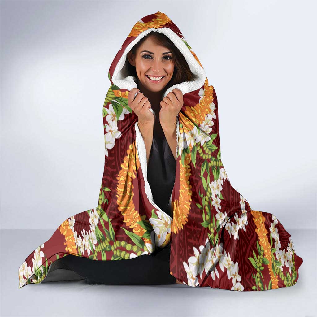 Aloha Festive Hawaii Hooded Blanket Mokihana - Maile and Ilima on Crimson - Polynesian Pride