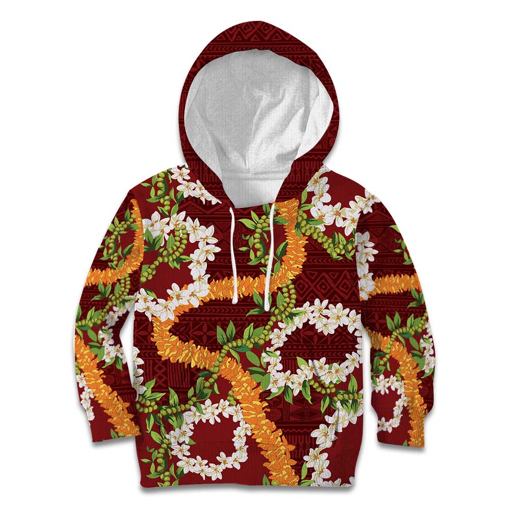 Aloha Festive Hawaii Kid Hoodie Mokihana - Maile and Ilima on Crimson - Polynesian Pride