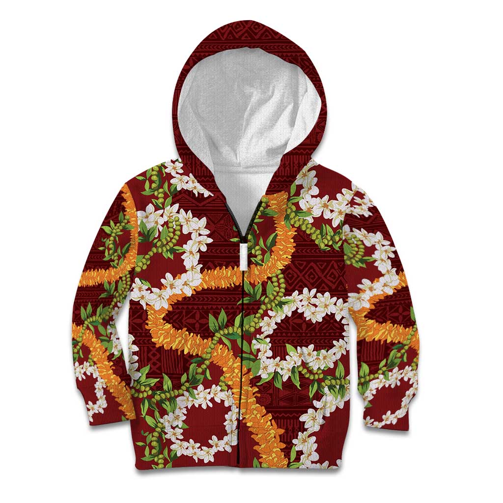Aloha Festive Hawaii Kid Hoodie Mokihana - Maile and Ilima on Crimson - Polynesian Pride