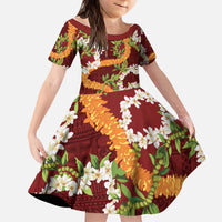 Aloha Festive Hawaii Kid Short Sleeve Dress Mokihana - Maile and Ilima on Crimson - Polynesian Pride