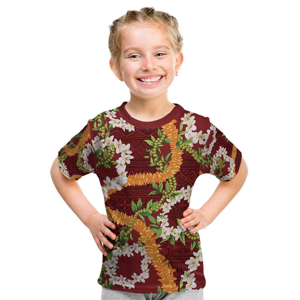 Aloha Festive Hawaii Kid T Shirt Mokihana - Maile and Ilima on Crimson - Polynesian Pride