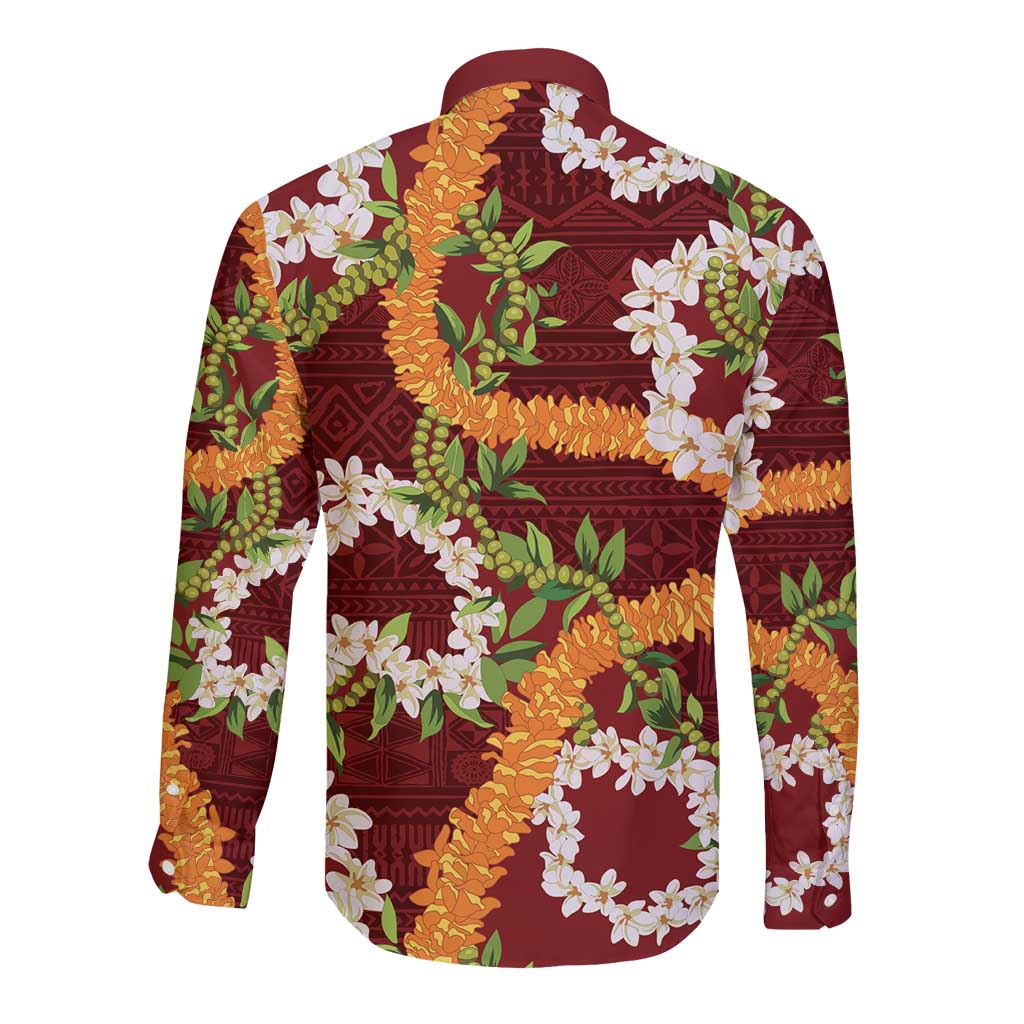 Aloha Festive Hawaii Long Sleeve Button Shirt Mokihana - Maile and Ilima on Crimson - Polynesian Pride