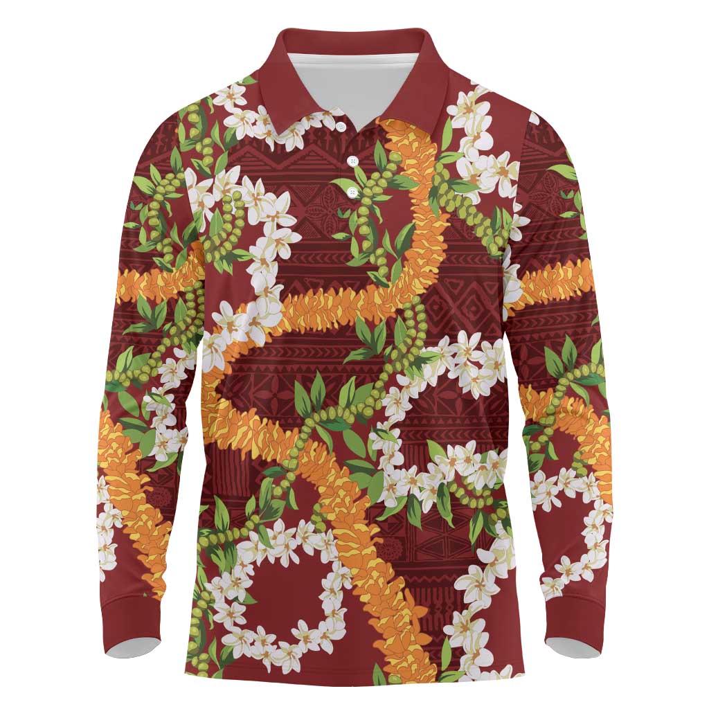 Aloha Festive Hawaii Long Sleeve Polo Shirt Mokihana - Maile and Ilima on Crimson - Polynesian Pride