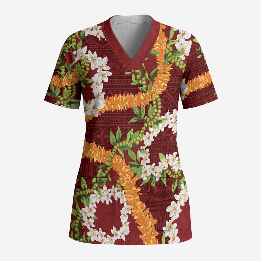 Aloha Festive Hawaii Scrub Top Mokihana - Maile and Ilima on Crimson - Polynesian Pride