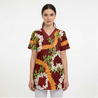 Aloha Festive Hawaii Scrub Top Mokihana - Maile and Ilima on Crimson - Polynesian Pride