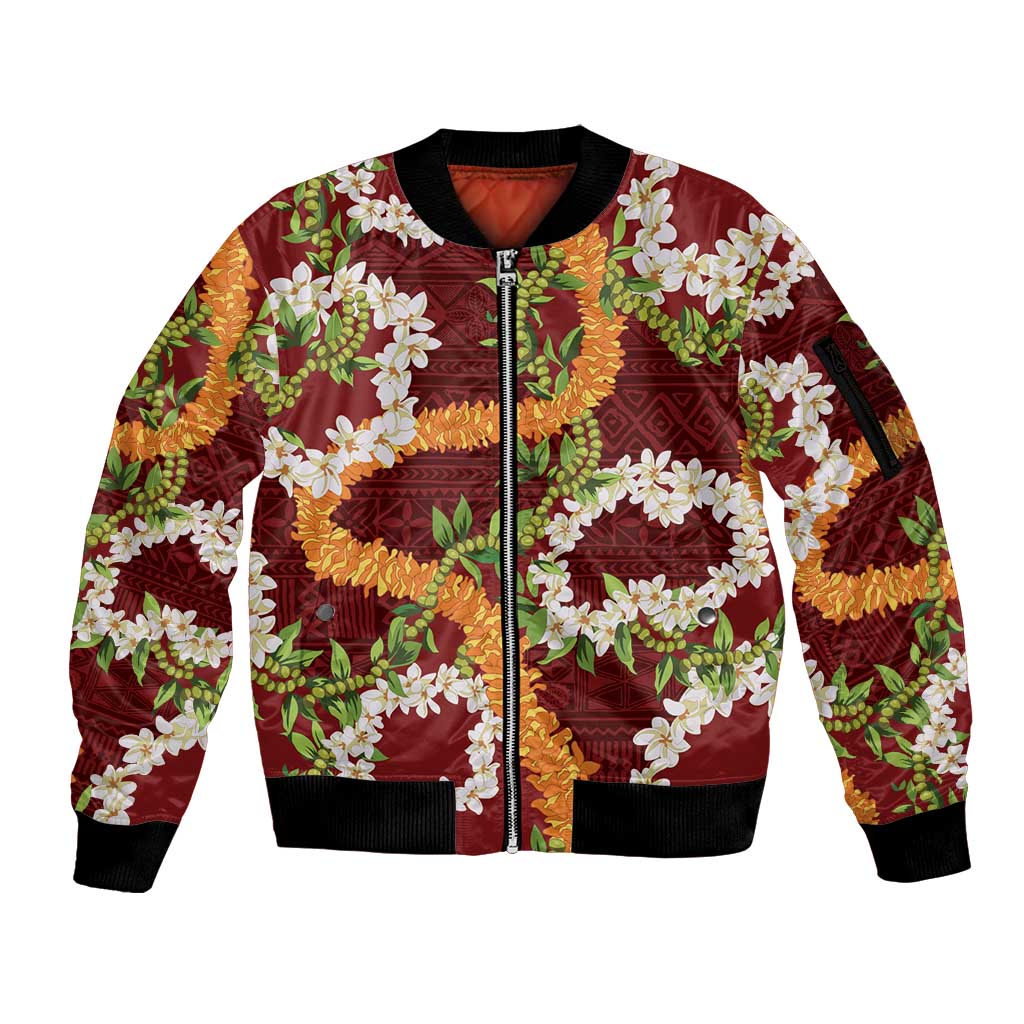 Aloha Festive Hawaii Sleeve Zip Bomber Jacket Mokihana - Maile and Ilima on Crimson - Polynesian Pride