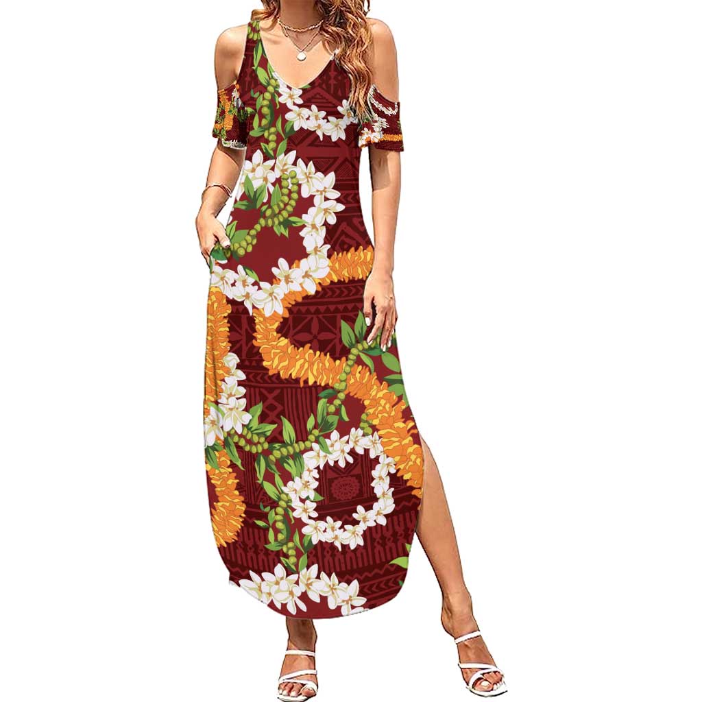 Aloha Festive Hawaii Summer Maxi Dress Mokihana - Maile and Ilima on Crimson - Polynesian Pride
